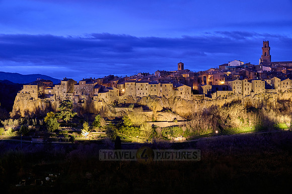 illuminated cityscape of Pitigliano, Tuscany, Italy