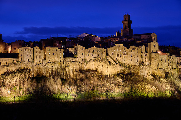 illuminated cityscape of Pitigliano, Tuscany, Italy