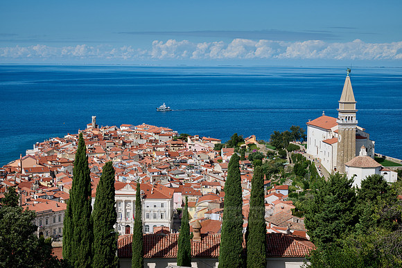 View from above onto Piran with the Mediterranean Sea behind