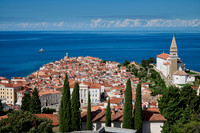 View from above onto Piran with the Mediterranean Sea behind
