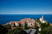 View from above onto Piran with the Mediterranean Sea behind