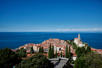 View from above onto Piran with the Mediterranean Sea behind