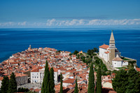View from above onto Piran with the Mediterranean Sea behind