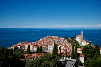 View from above onto Piran with the Mediterranean Sea behind
