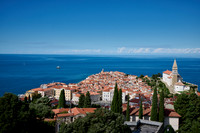 View from above onto Piran with the Mediterranean Sea behind