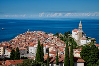 View from above onto Piran with the Mediterranean Sea behind