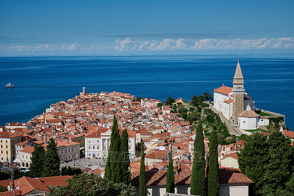 View from above onto Piran with the Mediterranean Sea behind