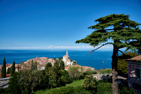 View from above onto Piran with the Mediterranean Sea behind