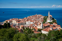 View from above onto Piran with the Mediterranean Sea behind
