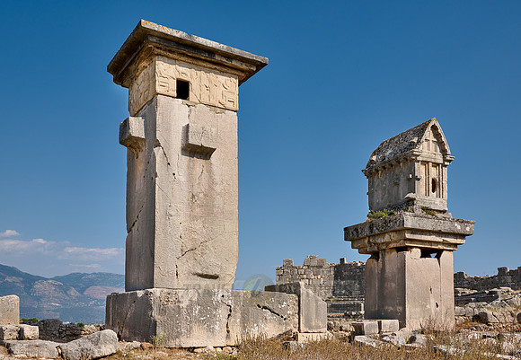 Sarcophagus and Harpy Pillar in ruins of ancient city Xanthos