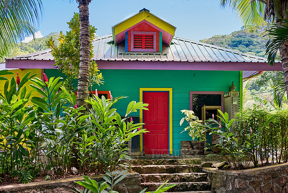 colorful painted house on La Digue