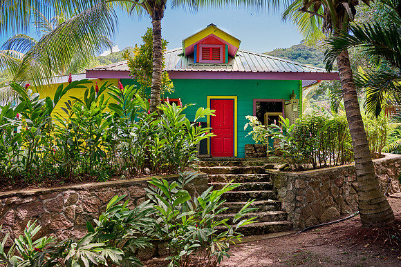 colorful painted house on La Digue