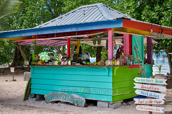 colorfully painted beach bar on La Digue