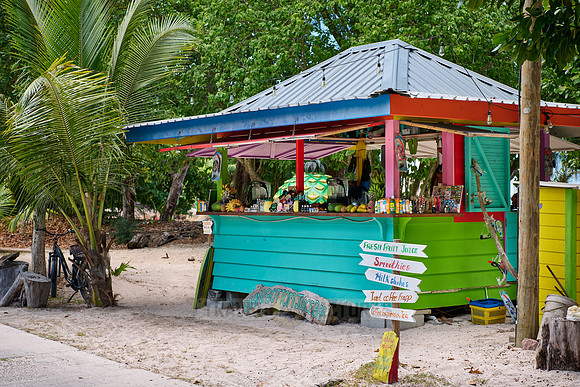 colorfully painted beach bar on La Digue