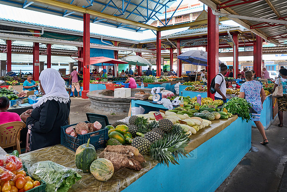 vegetable and fruit stalls on Sir Selwyn Clarke Market
