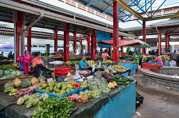 vegetable and fruit stalls on Sir Selwyn Clarke Market