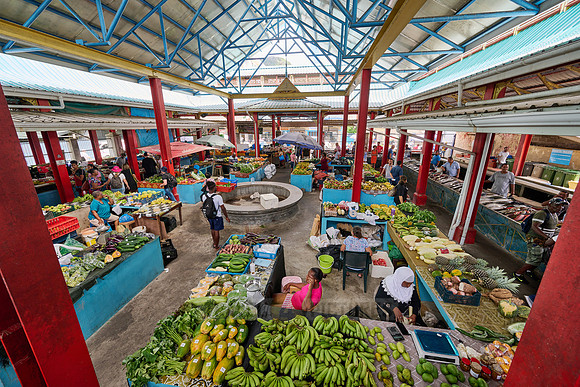 vegetable and fruit stalls on Sir Selwyn Clarke Market