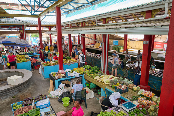 vegetable and fruit stalls on Sir Selwyn Clarke Market