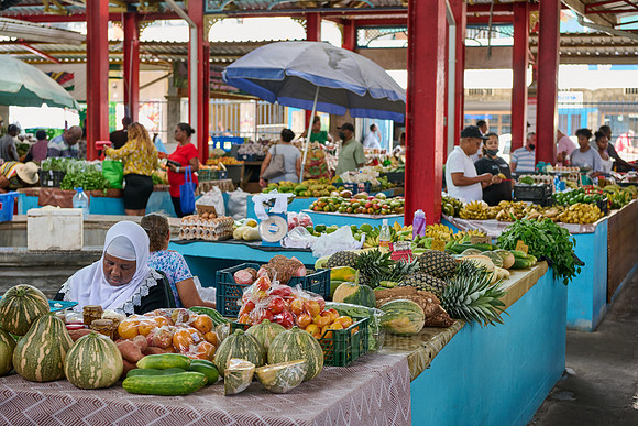 vegetable and fruit stalls on Sir Selwyn Clarke Market