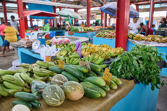 vegetable and fruit stalls on Sir Selwyn Clarke Market