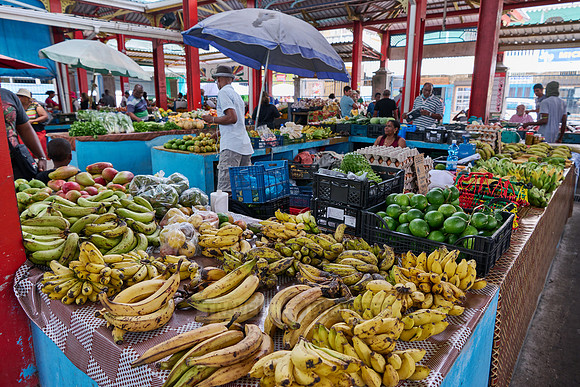 vegetable and fruit stalls on Sir Selwyn Clarke Market