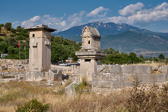 Sarcophagus and Harpy Pillar in ruins of ancient city Xanthos