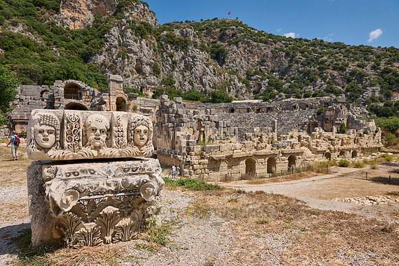 carved stone faces in front of Roman theatre in Myra