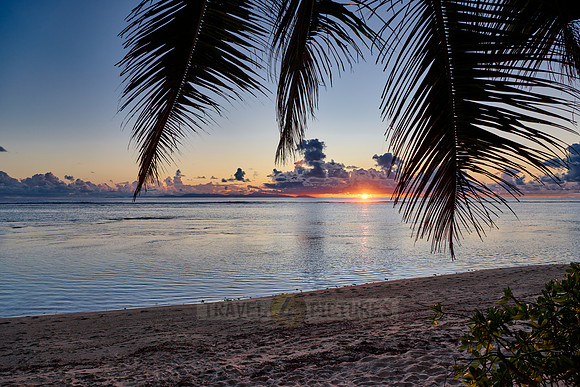 Sunset with palm leafes and clouds over the sea from the Anse Source D'Argent