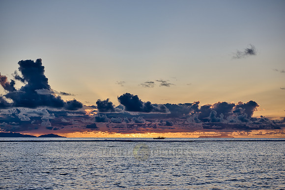 Sunset with palm leafes and clouds over the sea from the Anse Source D'Argent