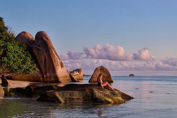 Sunset over the sea from the Anse Source D'Argent