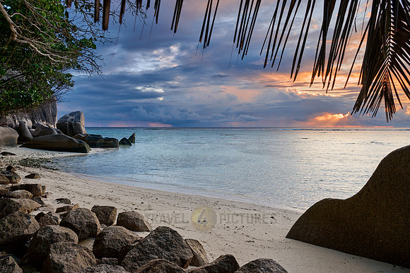 Sunset with palm leafes and clouds over the sea from the Anse Source D'Argent