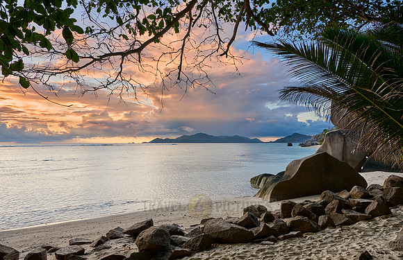 Sunset over the sea from the Anse Source D'Argent