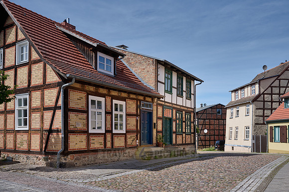 typical historic half-timbered houses in Fuerstenberg/Havel