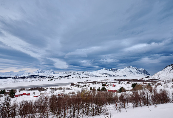 winter landscape of Vestvågøy seen from viewpoint of Torvdalshalsen rest point, Lofoten