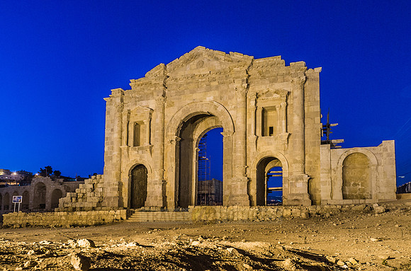 night shot of Hadrian's Arch, Ruins of Jerash