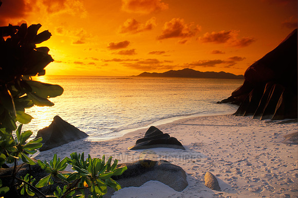 sunset at dream beach Anse Source á Jean, La Digue Island