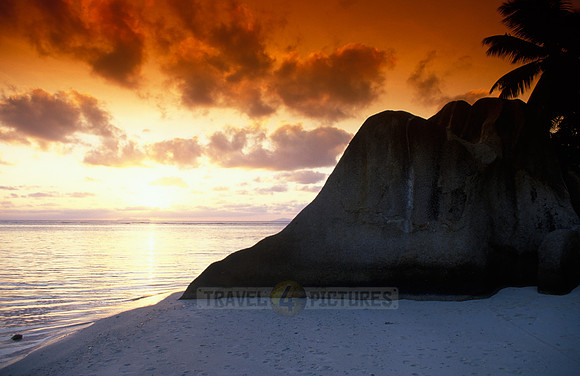 sunset at dream beach Anse Source á Jean, La Digue Island