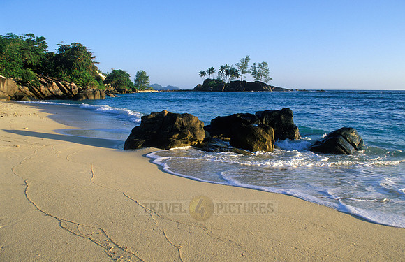 beach, rocks and palms at "Port Glaud", Mahe Island