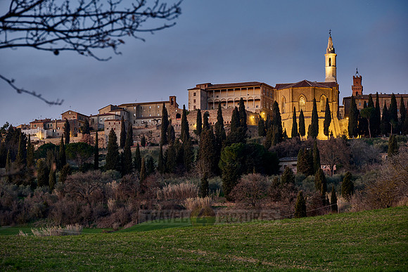 Twilight shot of the illuminated Pienza