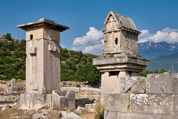 Sarcophagus and Harpy Pillar in ruins of ancient city Xanthos