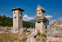Sarcophagus and Harpy Pillar in ruins of ancient city Xanthos