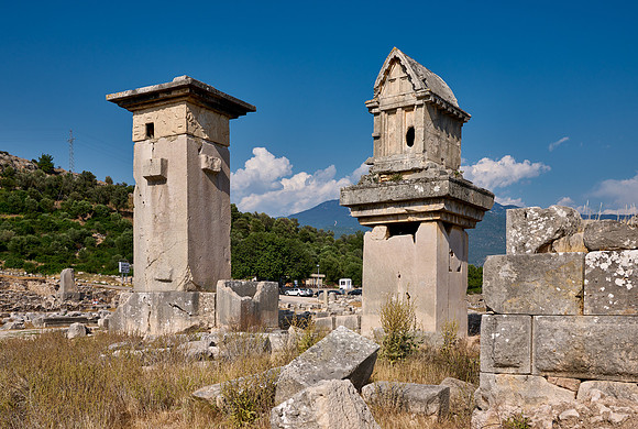 Sarcophagus and Harpy Pillar in ruins of ancient city Xanthos