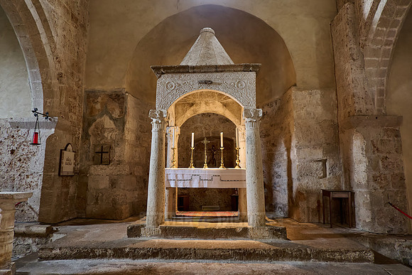 interior view with altar of Romanesque church of Santa Maria Annunziata,Sovana