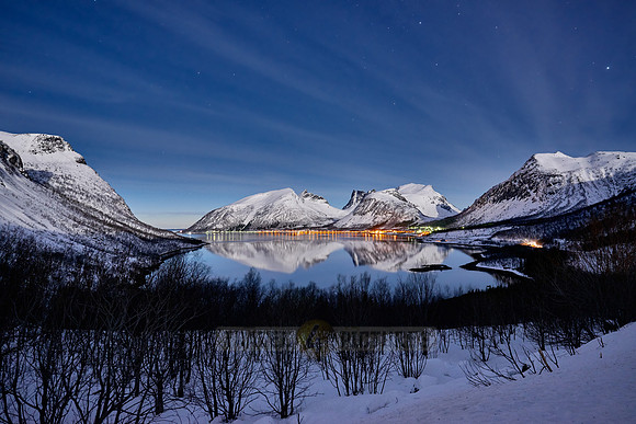 winter landscape of Bergsfjorden at night