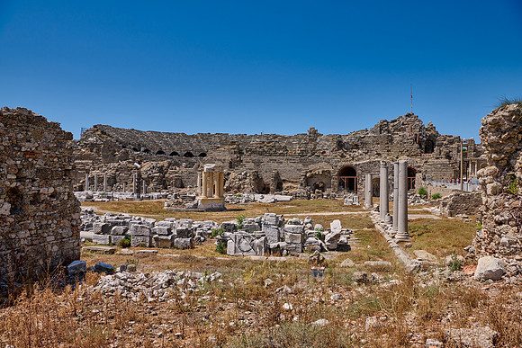 theatre and Tyche temple in ruins of the Roman city of Side