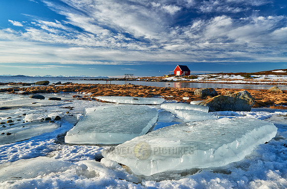 winter landscape with ice floes and typical red house