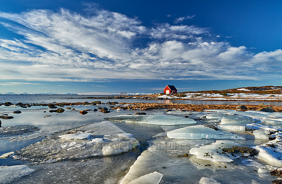 winter landscape with ice floes and typical red house