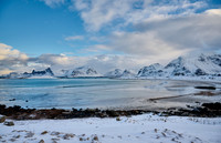 winter landscape with sea and mountains at Sandbotnen, Lofoten