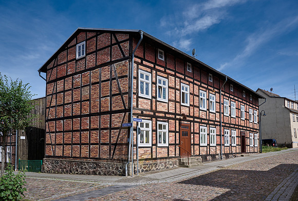 typical historic half-timbered houses in Fuerstenberg/Havel