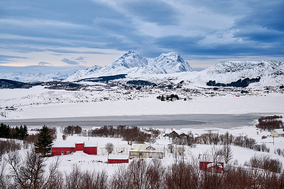 winter landscape of Vestvågøy seen from viewpoint of Torvdalshalsen rest point, Lofoten
